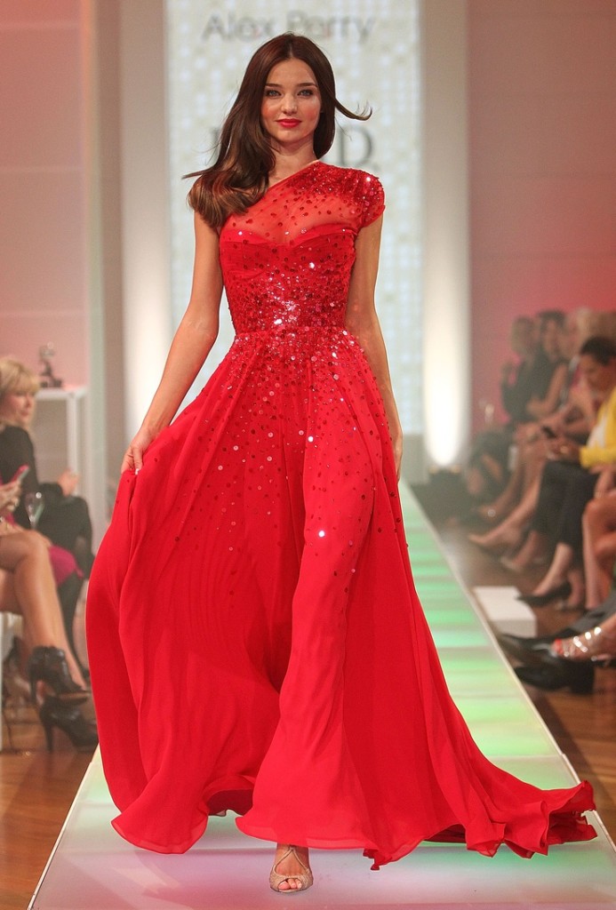 SYDNEY, AUSTRALIA - AUGUST 14: A Model Miranda Kerr showcases designs by Alex Perry during the David Jones S/S 2012/13 Season Launch at David Jones Castlereagh Street on August 14, 2012 in Sydney, Australia. (Photo by Graham Denholm/Getty Images)